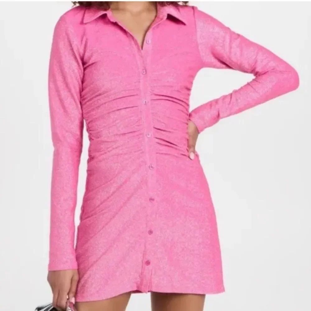 BNWT Good AmericanโHawaiian Pink Magenta Glitter Ruched Button Down Dress Sz 5